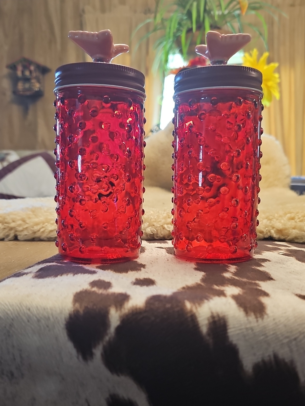 The Pioneer Woman Red Textured Glass Shaker Pair with Bird Lid Accents